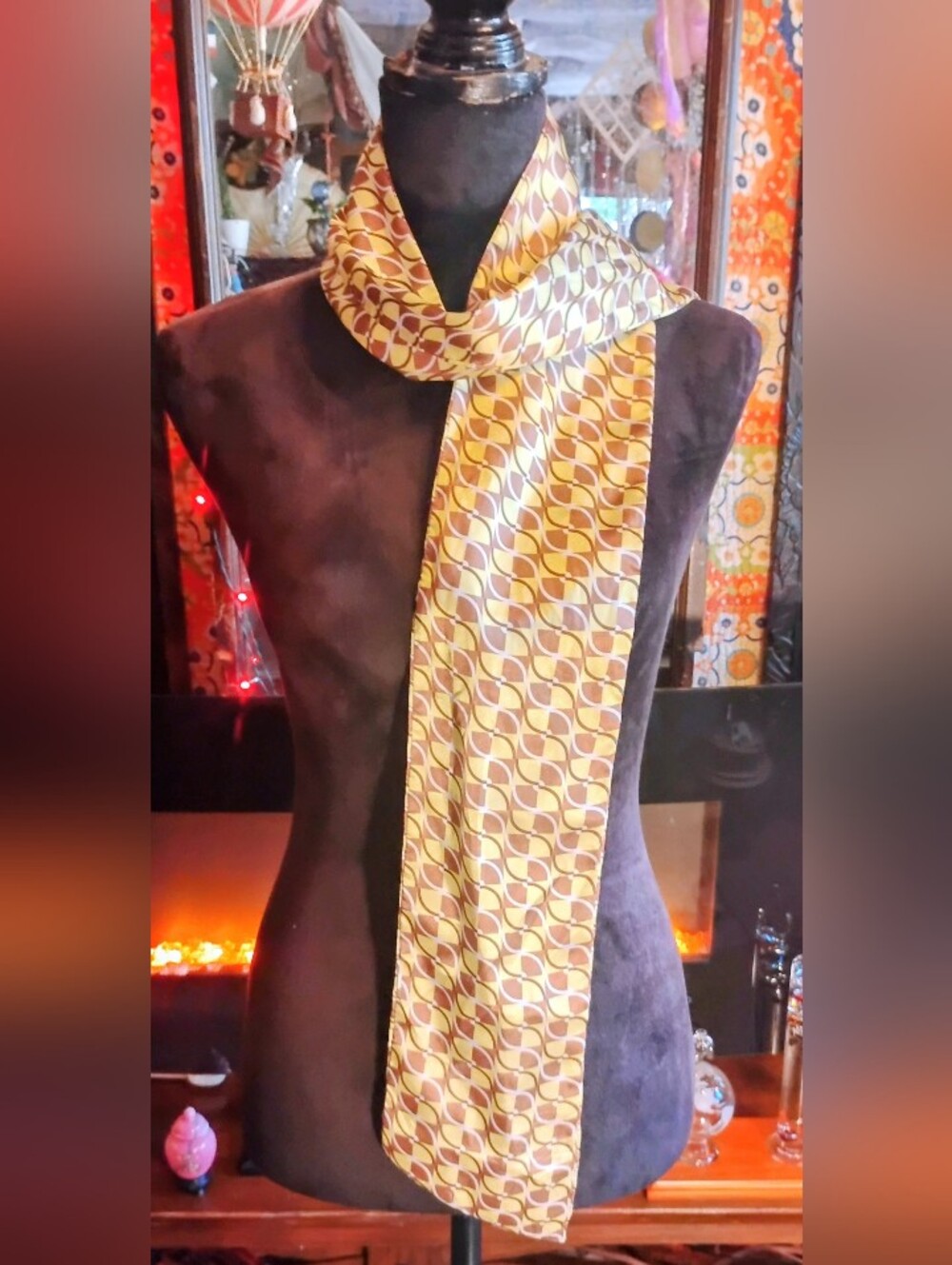 Vintage Mod Fall Winds Come Geometric Bohemian Satin Day Tripping Scarf